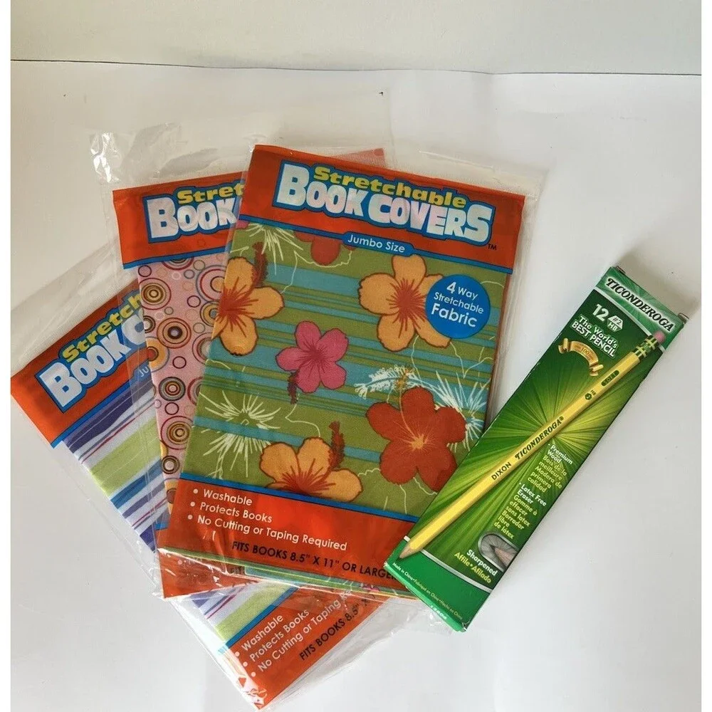 Stretchable Book Covers - Jumbo Size Assorted 8.5 X 11” & Larger Plus Pencils